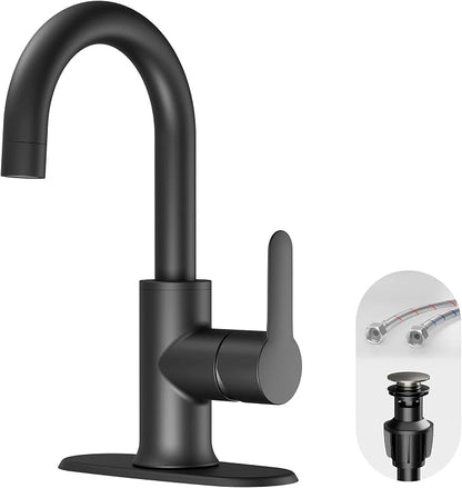 VXV Black Bathroom faucets Single Handle 360° Swivel Gooseneck Spout Optional Deckplate Bar Sink Faucet with Pop-up Drain and Hoses Matte Black