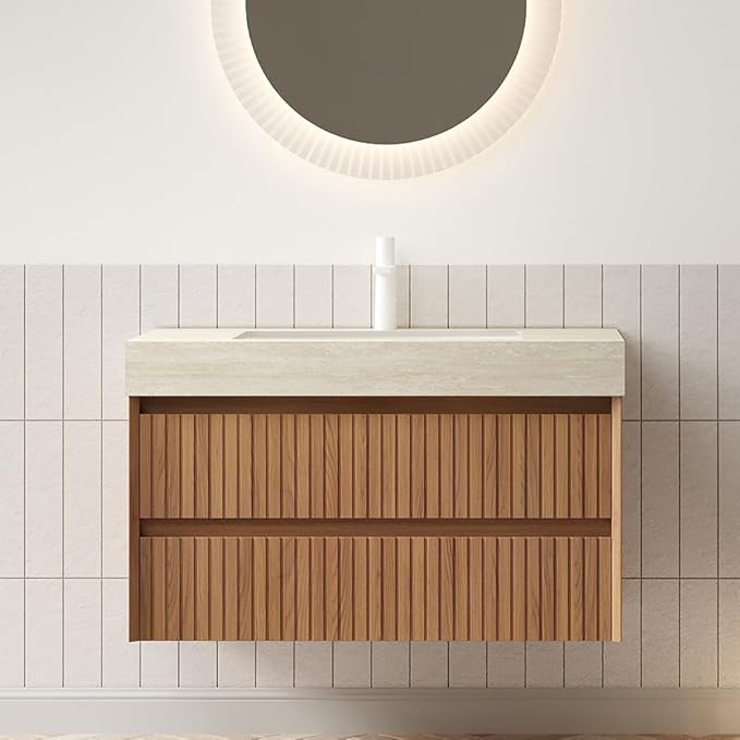 36" Bathroom Vanity with Sink, Modern Bathroom Floating Vanity with Travertine-Pattern Sintered Stone Top & Ceramic Undermount Basin, Pre-Assembled W/2 Drawers, Espresso