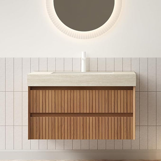 36" Bathroom Vanity with Sink, Modern Bathroom Floating Vanity with Travertine-Pattern Sintered Stone Top & Ceramic Undermount Basin, Pre-Assembled W/2 Drawers, Espresso