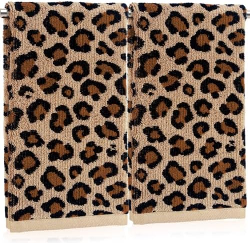 Whaline 2 Pcs Leopard Print Hand Towels Jacquard Cotton Bathroom Towel Brown Safari Animal Decorative Absorbent Bath Towel for Kitchen Dish Drying Cleaning Cooking, 13.8 x 29.5 Inch