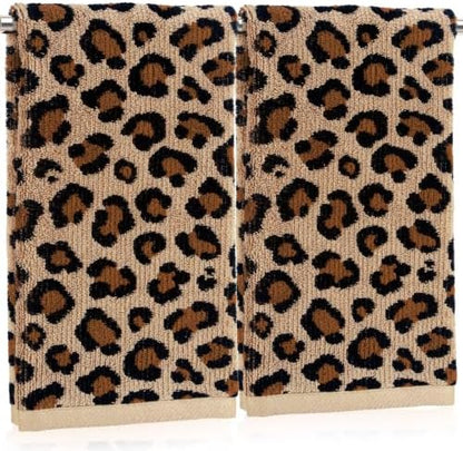 Whaline 2 Pcs Leopard Print Hand Towels Jacquard Cotton Bathroom Towel Brown Safari Animal Decorative Absorbent Bath Towel for Kitchen Dish Drying Cleaning Cooking, 13.8 x 29.5 Inch