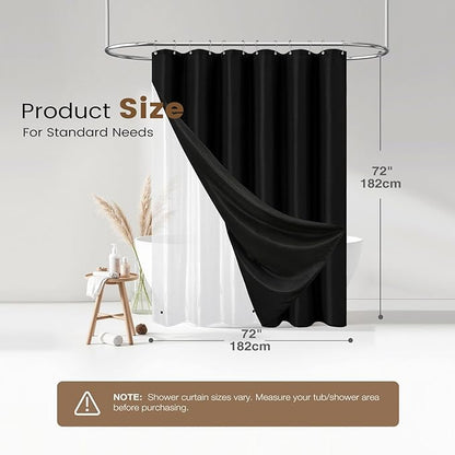 BTTN Black 3 in 1 Shower Curtain with Clear Liner, Linen Textured Decorative Fabric Shower Curtain PEVA Liner Set with Plastic Hook, Modern Luxury Waterproof Shower Curtain for Bathroom, 72x72