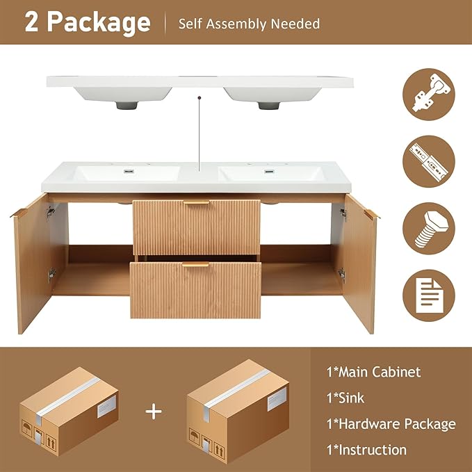 60" Bathroom Vanity with Sink Combo, Floating Double Sink Bathroom Vanity with SMC Resin Top, MDF Cabinet with Solid Wood Frame, Wall-Mounted Bath Room Vanities for Large Bathrooms, Wood