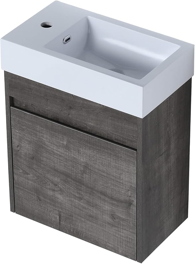 Wall Mount 18 Inch Bathroom Vanity W/Sink Combo for Small Space, Modern Design Vanity Cabinet Gel Basin Countertop, Float Mounting Design Cabinet Set with Single Soft Close Doors (without Faucet)