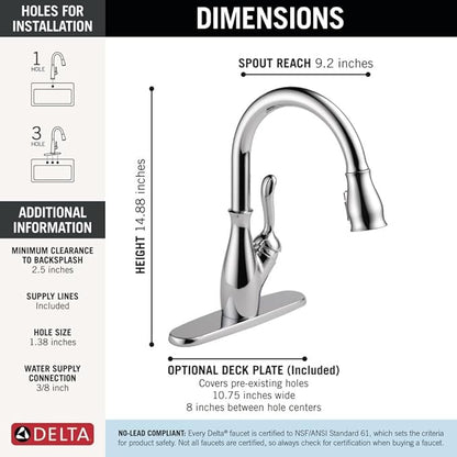 Delta Leland Chrome Kitchen Faucet with Pull Down Sprayer, Traditional Single Hole Kitchen Sink Faucet, Single Handle, Chrome 9178-DST