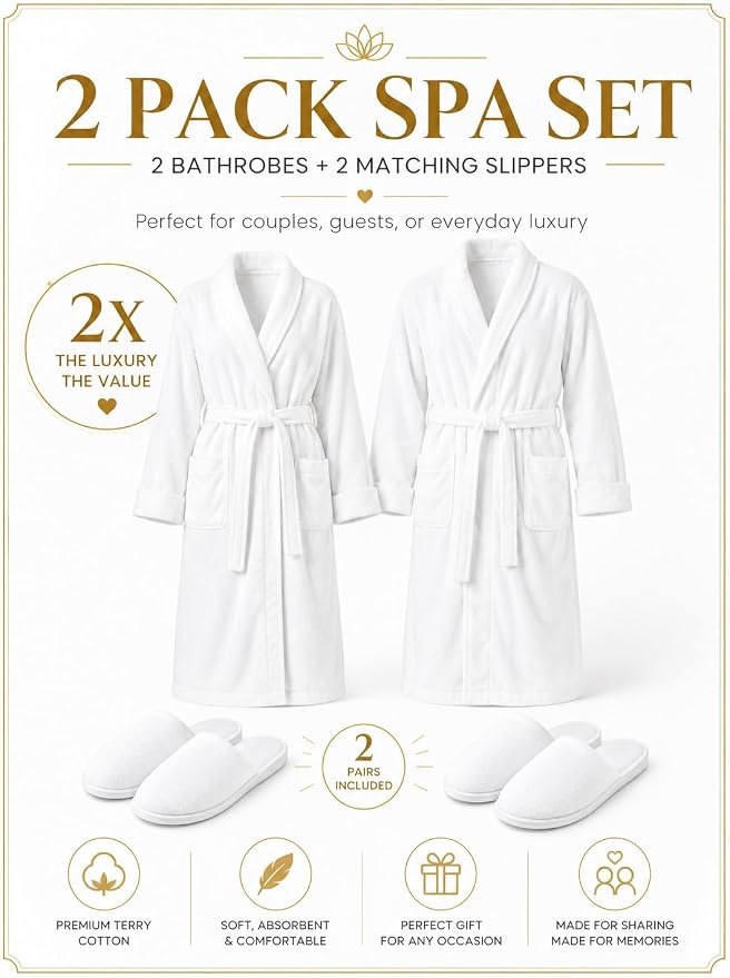 BIOLINEN 100% Cotton Terry Shawl Collar Bathrobe with Slippers
