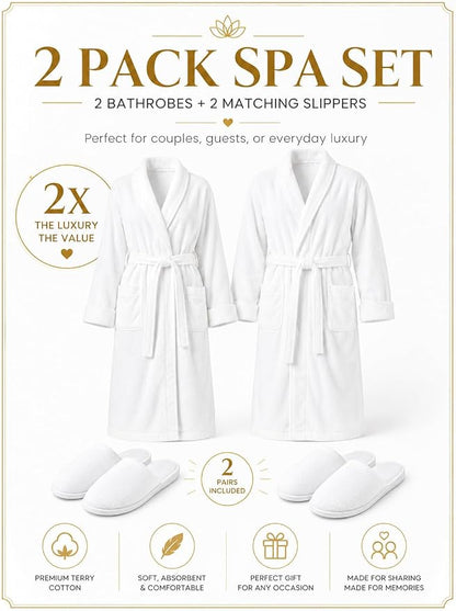 BIOLINEN 100% Cotton Terry Shawl Collar Bathrobe with Slippers