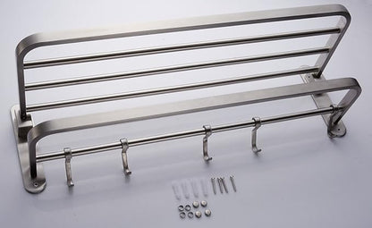 ELLO&ALLO Stainless Steel Towel Racks for Bathroom Shelf Double Towel Bar Holder with Hooks Wall Mounted Multifunctional Foldable Brushed Nickel