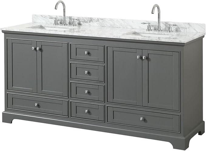 Wyndham Collection Deborah 72 inch Double Bathroom Vanity in Dark Gray, White Carrara Marble Countertop, Undermount Square Sinks, and No Mirror