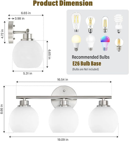 Brushed Nickel Bathroom Light Fixtures, 3-Light Vanity Light Over Mirror | Modern Bathroom Lighting Over Mirror, Wall Sconces, Milky White Globe Glass Shades, E26 Socket,ETL Listed