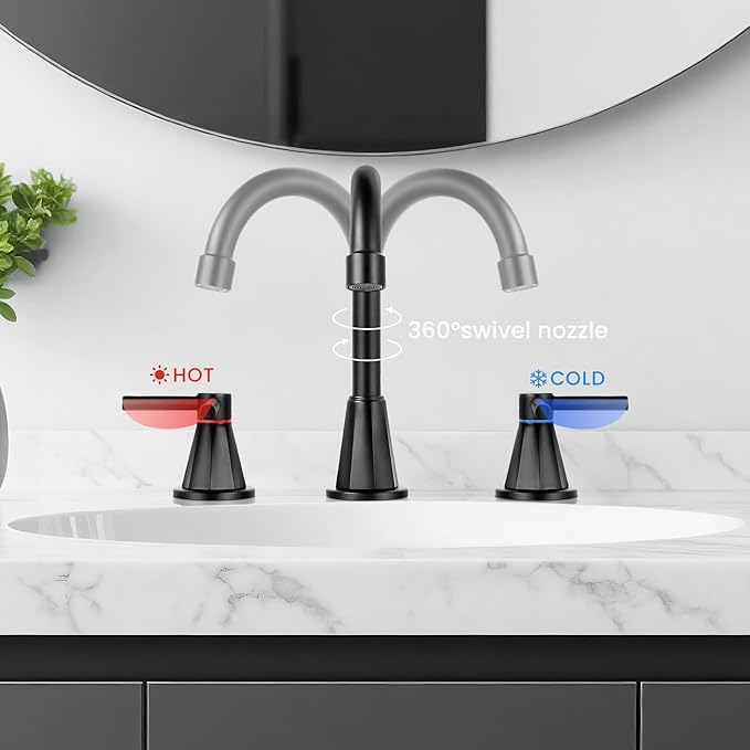 Bathroom Faucet 3 Hole,Mater Black Bathroom Sink Faucet with 360°Swivel Spout, 8 inch Widespread 2 Handle Faucet for Bathroom Sink Vanity RV with Pop-up Drain Supply Line Stainless Steel