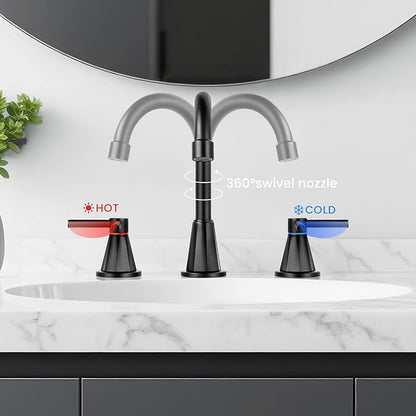 Bathroom Faucet 3 Hole,Mater Black Bathroom Sink Faucet with 360°Swivel Spout, 8 inch Widespread 2 Handle Faucet for Bathroom Sink Vanity RV with Pop-up Drain Supply Line Stainless Steel