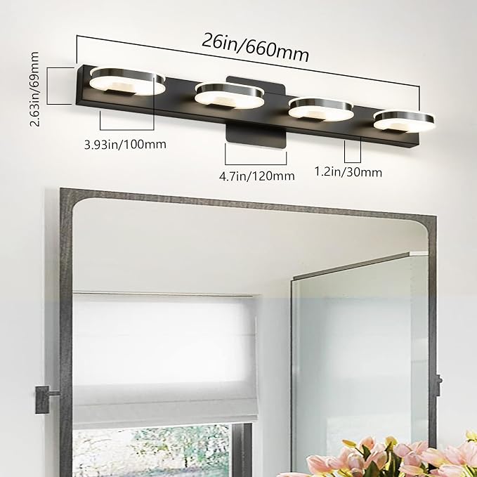 Myhaptim Modern LED 4 Lights Vanity Light for Bathroom Modern Vanity Light Fixture Wall Sconce 26 Inch Natural White Light (Black)