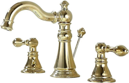 Gold Finish Bathroom Faucet 8 Inch Widespread Polished Brass,Two-Handle Sink Faucet 3 Hole with Brass Pop up Drain Assembly, F-8303-PB