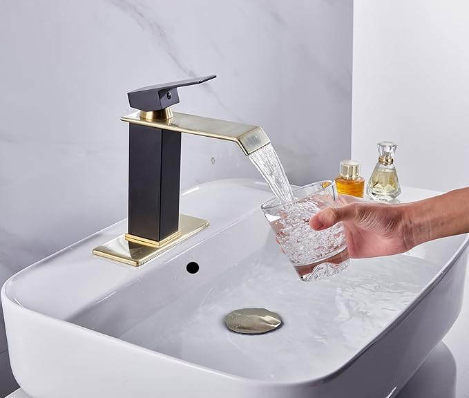 Bathroom Faucet Brushed Golden Waterfall Spout Black Body Single Handle Brass Pop Up Drain Stopper with Overflow Include for 1-3 Holes Basin Sink Deck Mounted Lavatory Vanity