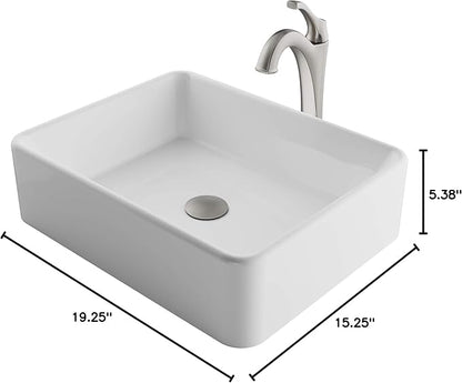 KRAUS Elavo 19-inch Modern Rectangular White Porcelain Ceramic Bathroom Vessel Sink and Spot Free Arlo Faucet Combo Set with Pop-Up Drain, Stainless Brushed Nickel C-KCV-121-1200SFS