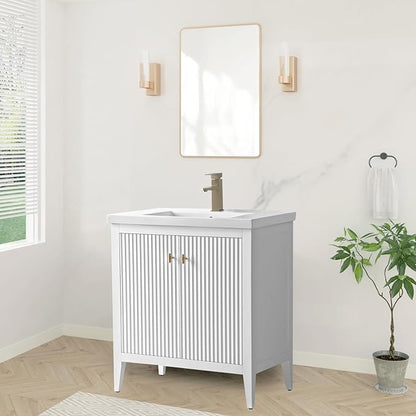 HOMEBEYOND 30" Bathroom Vanity with Ceramic Sink, Solid Wood Free-Standing Vanities Cabinet, Ceramic Top, Golden Brushed Handware & Soft Closing Door, White