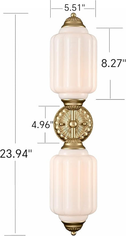 Vintage 2-Light Milk Glass Gold Wall Sconce with Brass Finish | Art Deco Vanity Light, Wall Lighting Dimmable for Bathroom Living Room Hallway Bedroom