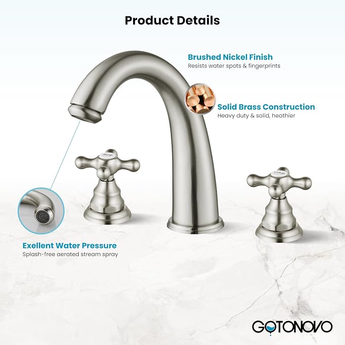 gotonovo Widespread Bathroom Sink Faucet 3 Hole Brushed Nickel,H&C Label | Vintage 8’’ Bathroom Faucet,2 Cross Handle,6-16’’ Sink,Vanity,RV,Farmhouse,SUS304,24’’ cUPC Hose,Pop Up Drain,Deck Mount