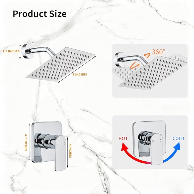 Shower Faucet Single Function Trim Kit with Rough-in Valve Set Bath Rainfall Shower System 8inch Square Stainless Steel Metal Shower Head Polished Chrome