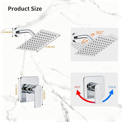 Shower Faucet Single Function Trim Kit with Rough-in Valve Set Bath Rainfall Shower System 8inch Square Stainless Steel Metal Shower Head Polished Chrome