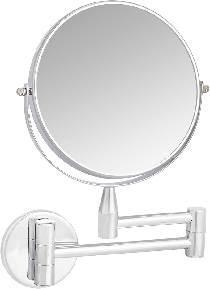 Amazon Basics Wall Mount Round Vanity Mirror with 360° Rotation, Double Sided, 1X/5X Magnification, Adjustable, 12.8"L x 10"W, Chrome