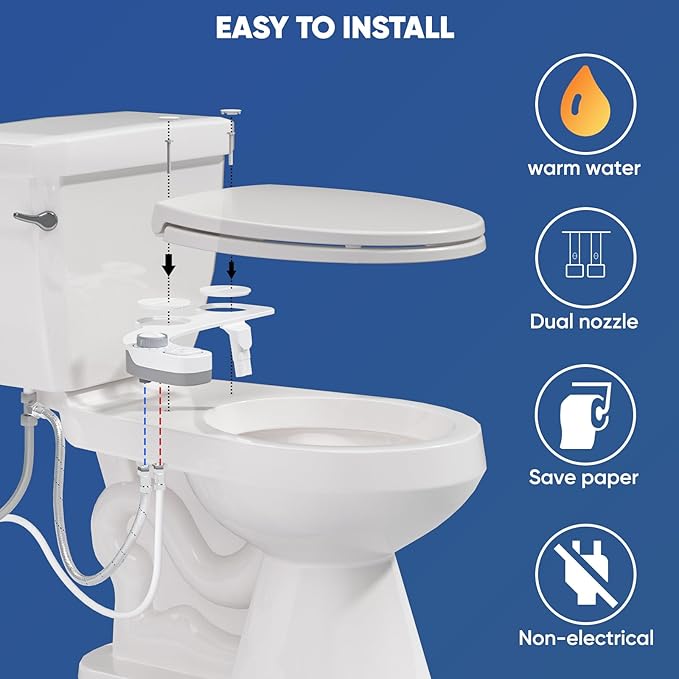 Hot and Cold Bidet, Warm Water Bidet Attachment for Toliet, Non-Electric Warm Bidet with Adjustable Water Pressure, Dual nozzle Rear and Feminine Wash - Self cleaning (White)