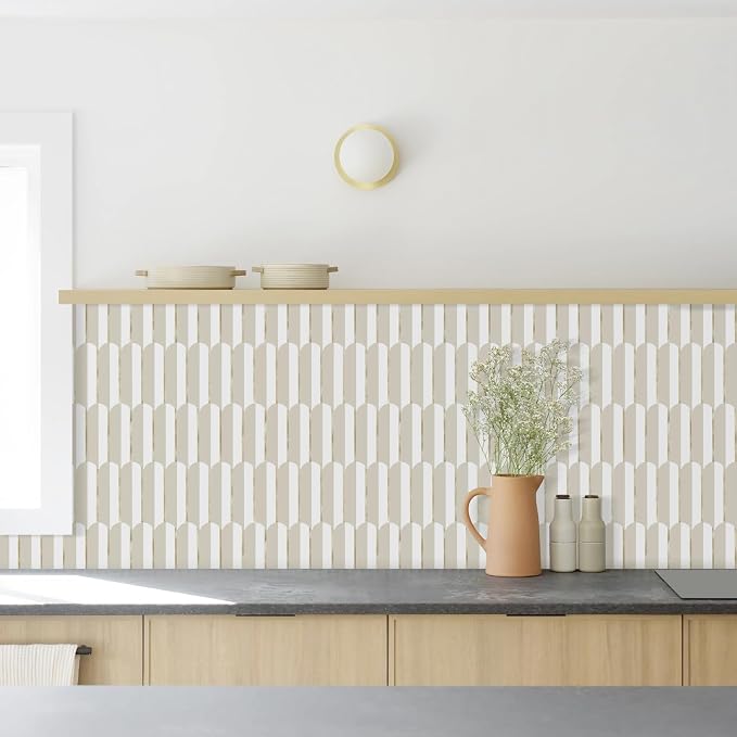 Vamos Tile Peel and Stick Backsplash Seamless Tile,PVC+Gold,Matt,10-Sheet | 11.9''x10.8'',White & Beige Self Adhesive Fish Scale Stick on Backsplash Tile for Kitchen & Bathroom & Laundry & Camper