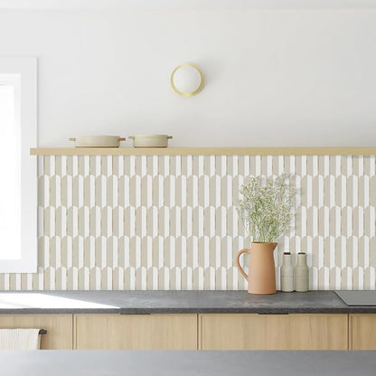 Vamos Tile Peel and Stick Backsplash Seamless Tile,PVC+Gold,Matt,10-Sheet | 11.9''x10.8'',White & Beige Self Adhesive Fish Scale Stick on Backsplash Tile for Kitchen & Bathroom & Laundry & Camper