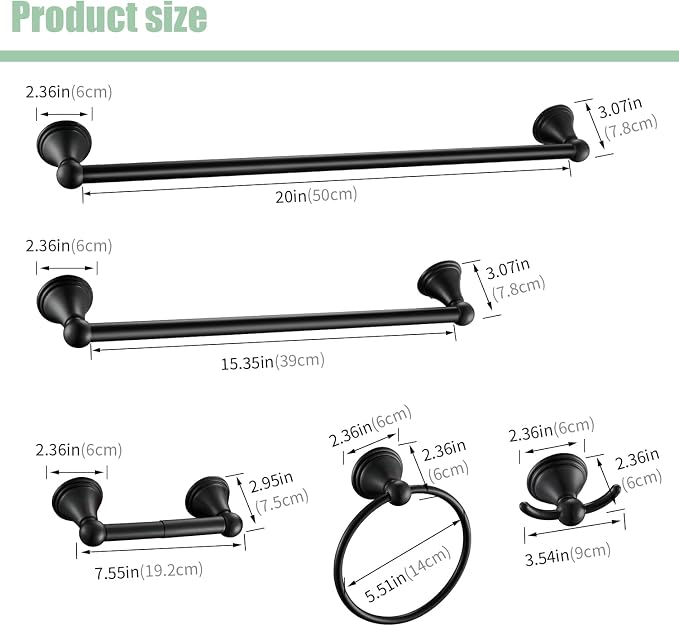 Sagetta Bathroom Hardware Set, 5-Piece Bath Accessories Set Matte Black Wall Mount Includes 24 in Towel Bar, 16 in Towel Bar, Towel Ring, TP Holder