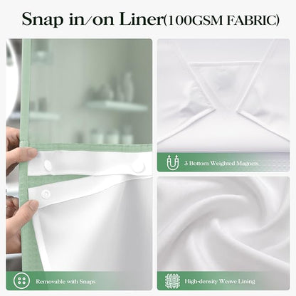 Mint Green Hook Free Waffle Shower Curtain & Snap-in Liner,72x81 | Less Time to install, 3 in 1 Fabric Shower Curtain and Liner Set with Magnets, Long, Shower Curtains for Bathroom