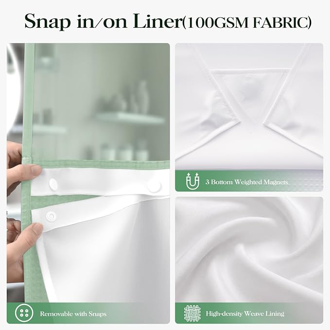 Mint Green Hook Free Waffle Shower Curtain & Snap-in Liner,72x87 | Less Time to install, 3 in 1 Fabric Shower Curtain and Liner Set with Magnets, Extra Long, Shower Curtains for Bathroom
