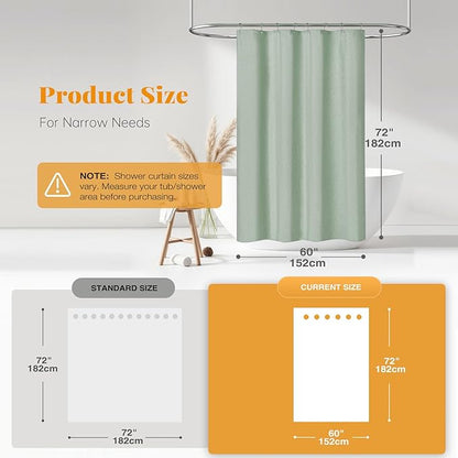 BTTN 60 Inch Stall Fabric Shower Curtain - Linen Textured Heavy Duty Shower Curtain Set with 10 Plastic Hooks, Narrow Waterproof Decorative Bath Curtains for Bathroom and Bathtubs - 60x72 - Sage Green