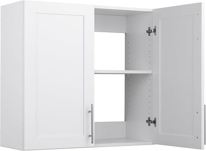 Prepac Elite 32'' Bathroom Wall Cabinet with Panel Doors, Wood Kitchen Pantry Cabinet, Wall Hanging Laundry Room Cupboard with 1 Adjustable Shelf for Kitchen, Laundry Room and Bathroom, White