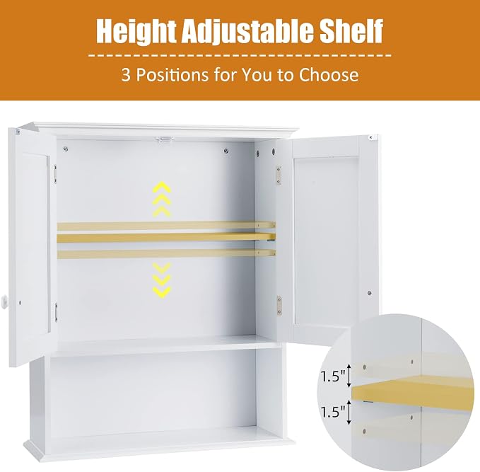 COSTWAY Wall Mounted Bathroom Cabinet, Over The Toilet Storage Cabinet w/Double Doors & Adjustable Shelf, Wood Hanging Medicine Cabinet for Living Room, Entryway, Kitchen (White) | Double Doors & Adjustable Shelf, Wood Hanging Medicine Cabinet for Livi...