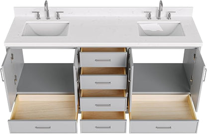 Langford 72-inch Grey Bathroom Vanity with Left & Right Rectangle Double Sinks, Carrara White Quartz Countertop & Backsplash, Solid Wood Frame, Soft-Closing & Dovetail Drawers
