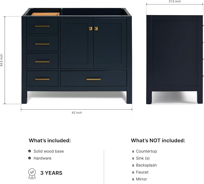 ARIEL Cambridge 42-inch Bathroom Vanity Base Cabinet,Solid Wood, 2 Soft Closing Doors, 5 Dovetail Drawers, Midnight Blue