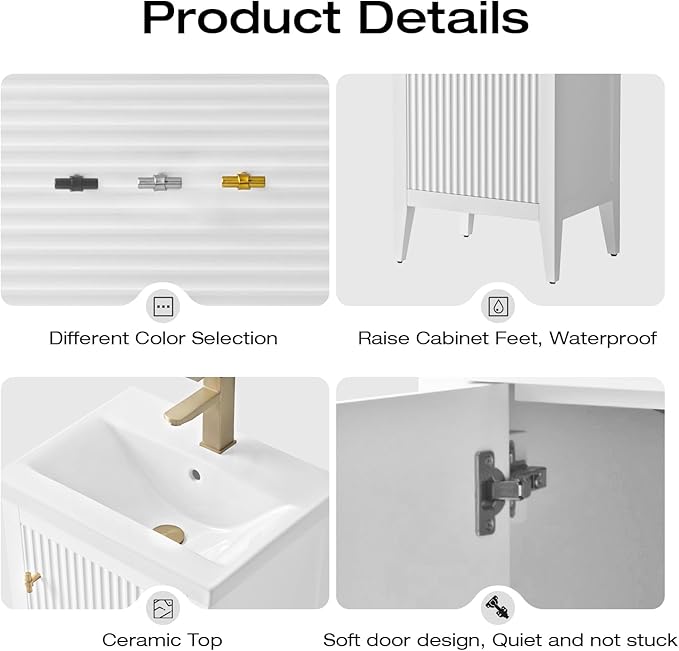 Vanity Art 20 inch Bathroom Vanity with Single Sink & Ceramic Top, Vanity Cabinet with Soft-Closing Door, Solid Wood Frame, Linear Pattern, White, Golden Brushed Handware VA9120-W-GB