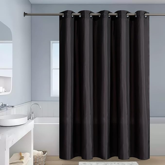 Furlinic Extra Wide No Hook Shower Curtain,96 Inch Width Dark Grey Fabric Shower Curtains with 12 Plastic Built-in Hooks,Waterproof & Machine Washable Hotel Style for Bathroom,96x72 Inch