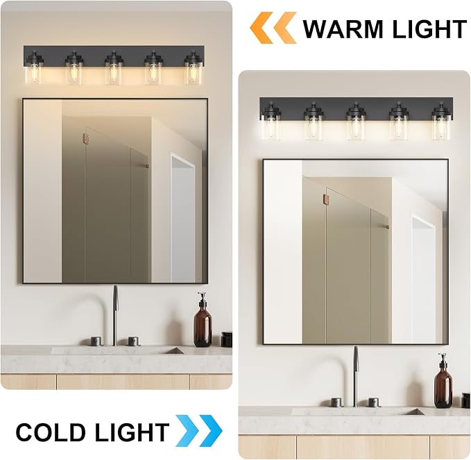 IZORRO Bathroom Vanity Light Fixture, 5-Light 36 Inch Matte Black Bathroom Light Fixtures Over Mirror, with Clear Glass Shade, Modern Farmhouse Vanity Lights, Rustic Restroom Lighting Fixtures