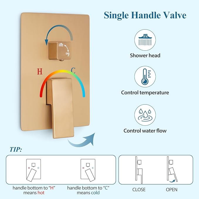Brushed Gold Square Rainfall Shower Head Set with Handheld, 10" | Wall Mounted Bathroom Shower Faucet, 10 Inch Square Head, With Shower Valve, Rustproof Brushed Gold, High Pressure Raindrop