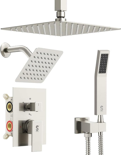 Shower Faucet Set Shower System - SR SUN RISE Brushed Nickel Shower Trim Kit with Dual Shower Head, 10'' Ceiling Rainfall 6'' Wall Mount with Handheld Shower for Couples, Complete 6 Diverter Valve