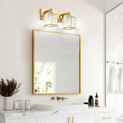 Gold Crystal Bathroom Vanity Light, 2-Light Modern Bathroom Lighting Fixtures Over Mirror,Chrome Wall Sconce Light Fixtures with Square Shade