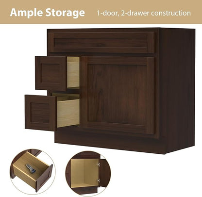HomeBeyond 36 Inch Bathroom Vanity Base Only, Single Vanity Cabinet with 2 Side Dove-Tailed Drawers, Composable Floor Mount Cabinets Without Top, Rustic Brown