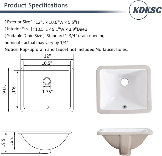 12 Inch Small Undermount Bathroom Sink White Ceramic Rectangular Under Counter Bathroom Sink for Cabinet Porcelain Vanity Sinks,Overflow Type (12"x10.6")