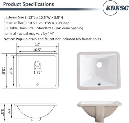 12 Inch Small Undermount Bathroom Sink White Ceramic Rectangular Under Counter Bathroom Sink for Cabinet Porcelain Vanity Sinks,Overflow Type (12"x10.6")