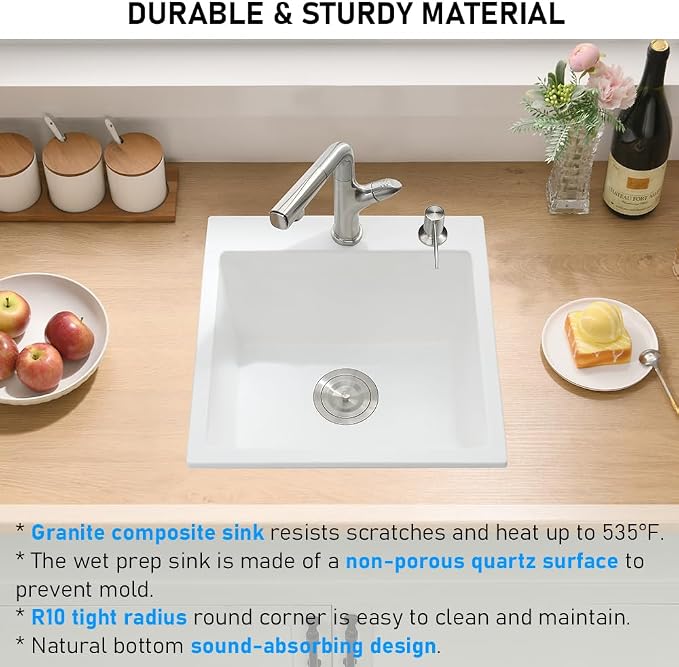 18 Inch Drop In Kitchen Sink, White | Granite Composite Drop In Sink Single Bowl Outdoor Quartz Rectangular Topmount Deep Basin with Small Rubber Squeegee,18x19x10