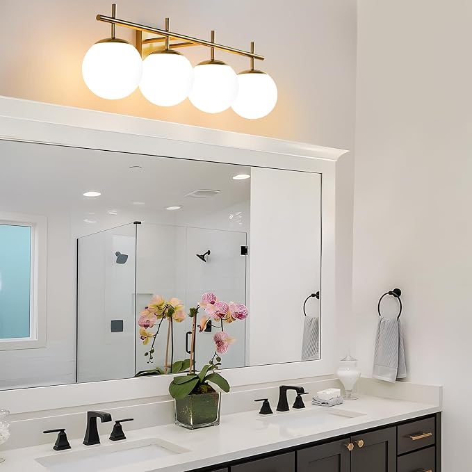 AIJIASI Bathroom Light Fixtures, 4-Light Brushed Gold Bathroom Vanity Lights Over Mirror, 30.7 Inch Modern Vanity Lighting with Milky White Glass Globe Shade Wall Sconce Lighting Bath