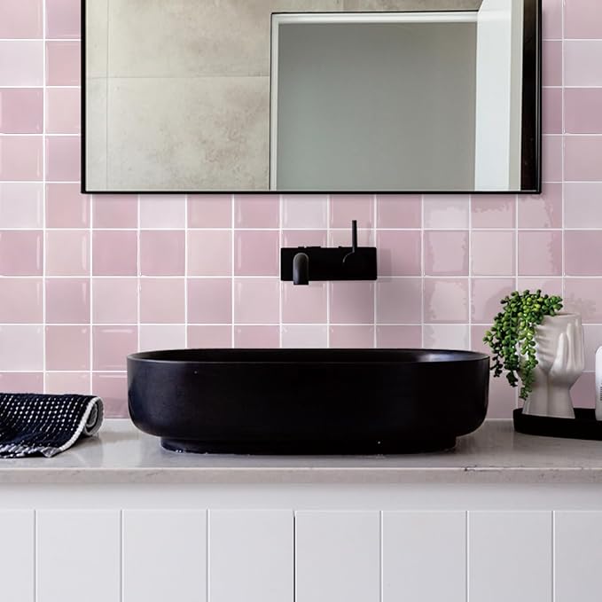 Thicker 3D Peel and Stick Backsplash Tiles, 10 Pcs 12" x 12" | Pink, 10 Pcs 12" x 12", Glossy Self Adhesive Decorative Vinyl Backsplash Wall Sticker, Cover 10 sq ft，Removable，Waterproof