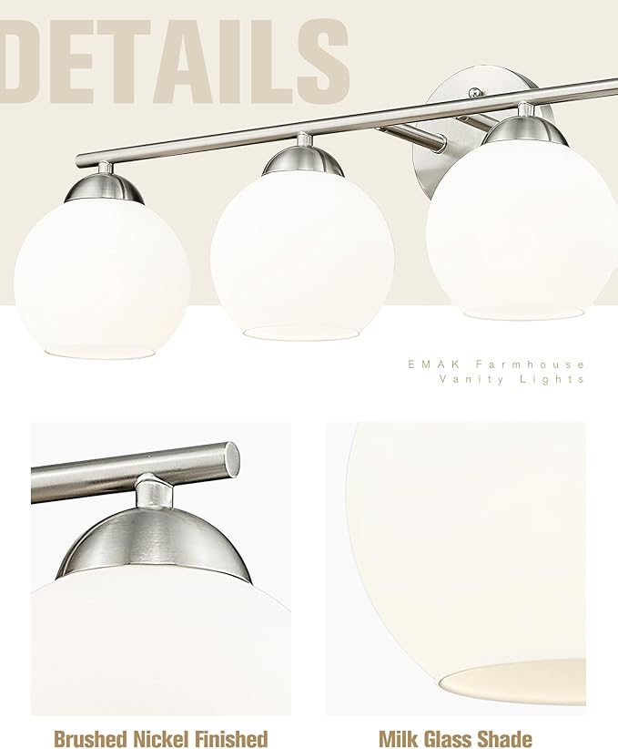 Emak Modern Brushed Nickel Vanity Light, 29 Inch Globe Bathroom Light Fixtures Over Mirror, 4 Light Bathroom Vanity Light with Milk Glass, VL114-BN-ML-4